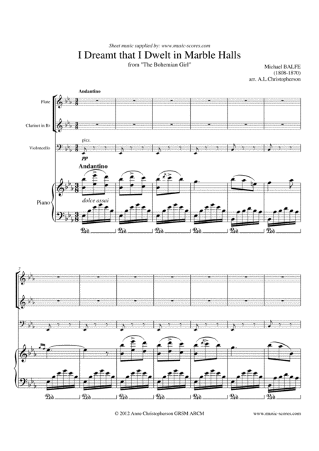 Marble Halls From The Bohemian Girl Flute Clarinet Cello And Piano Sheet Music