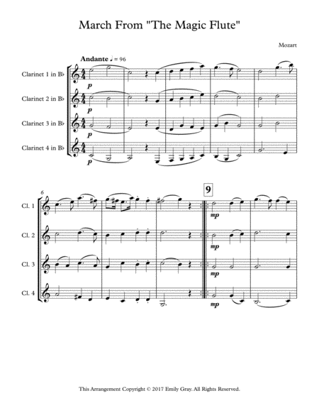 March From The Magic Flute Clarinet Quartet Sheet Music