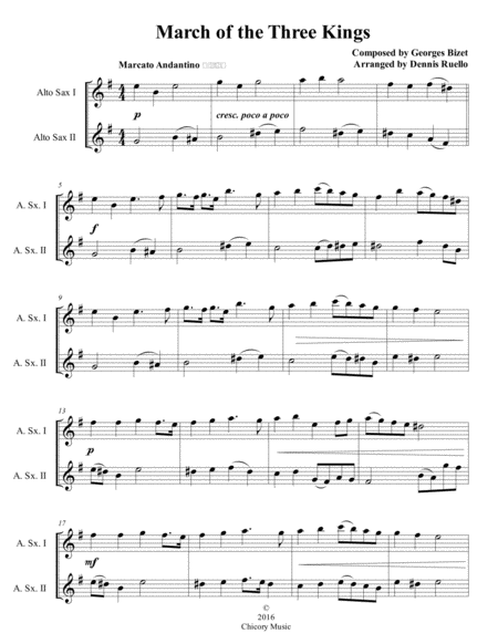 Free Sheet Music March Of The Three Kings Alto Saxophone Duet Intermediate