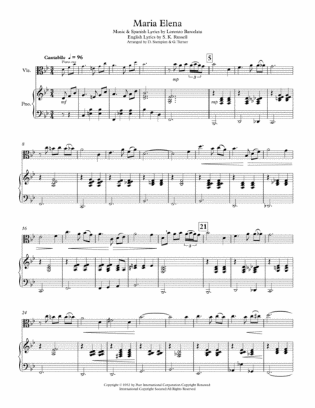 Maria Elena For Viola Solo With Piano Accompaniment Nat King Cole Waltz Sheet Music