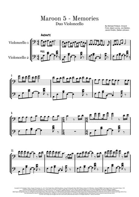 Maroon 5 Memories Duo Violoncello Sheet Music