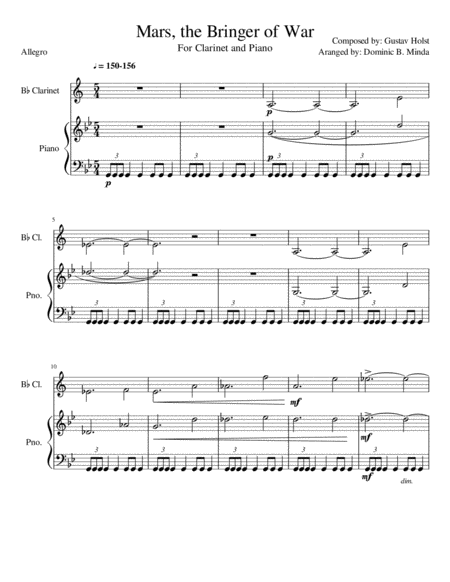Free Sheet Music Mars From The Planets For Clarinet And Piano