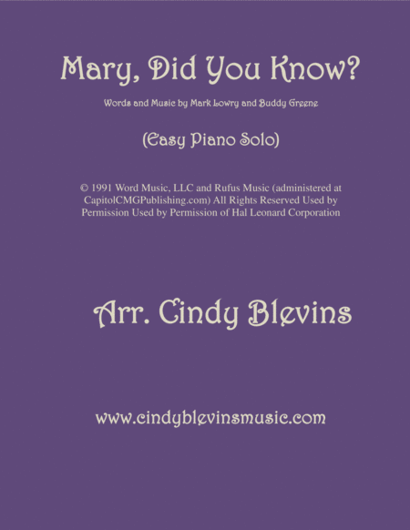 Mary Did You Know Arranged For Easy Piano Solo Sheet Music