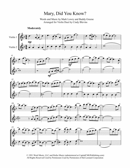 Free Sheet Music Mary Did You Know Arranged For Violin Duet