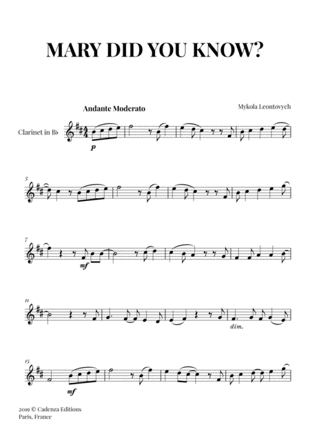 Free Sheet Music Mary Did You Know For Clarinet