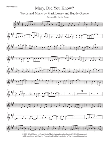 Free Sheet Music Mary Did You Know Original Key Bari Sax