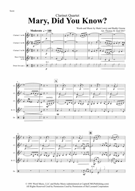Free Sheet Music Mary Did You Know Pentatonix Style Clarinet Quartet