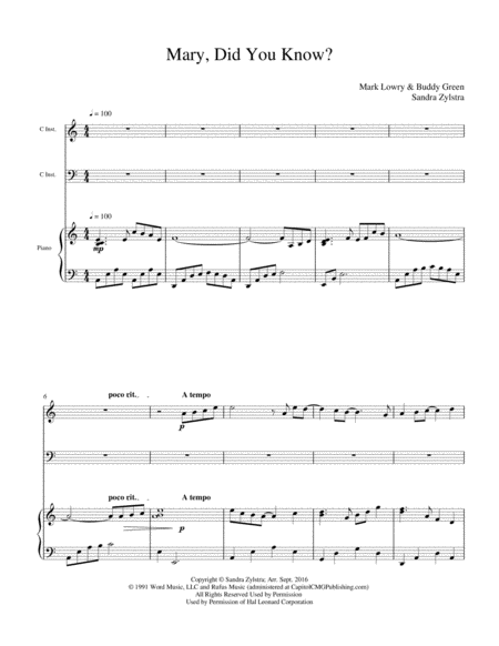 Mary Did You Know Treble And Bass C Instrument Duet Sheet Music