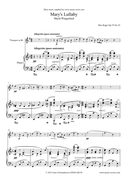 Free Sheet Music Marys Lullaby Or Maria Wiegenlied Trumpet And Piano