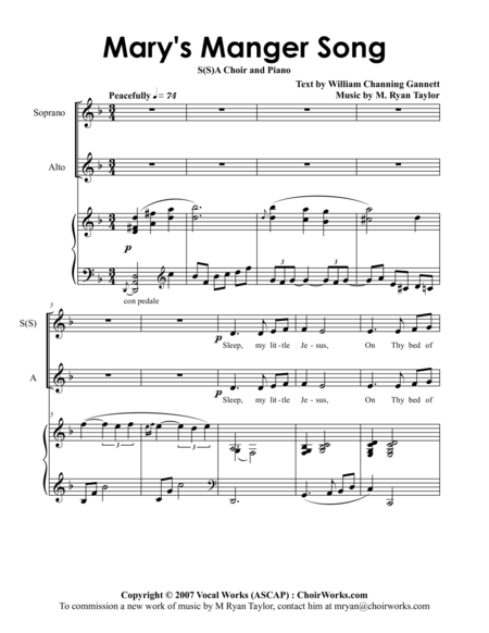 Free Sheet Music Marys Manger Song Ssa Or Sa Choir With Piano