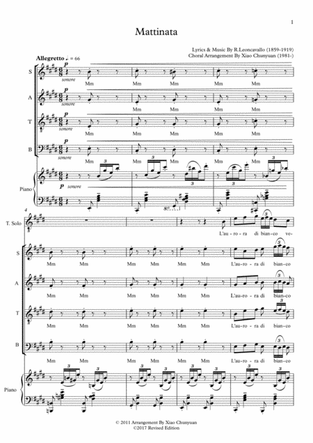 Mattinata Arranged For Tenor Solo Satb Chorus Sheet Music