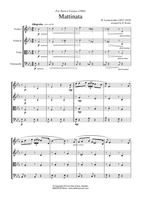 Mattinata For Easy String Quartet Sheet Music