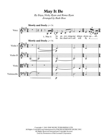 Free Sheet Music May It Be For Voice And String Quartet