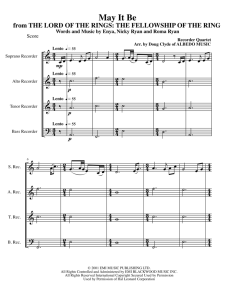 May It Be From The Lord Of The Rings The Fellowship Of The Ring For Recorder Quartet Sheet Music