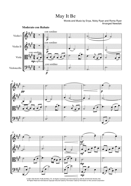 Free Sheet Music May It Be String Quartet Score And Parts