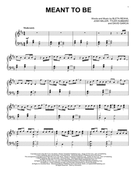 Meant To Be Feat Florida Georgia Line Sheet Music