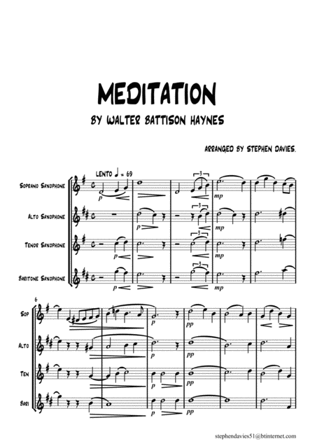Free Sheet Music Meditation By Walter Battison Haynes For Saxophone Quartet