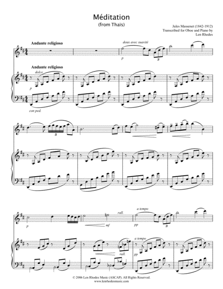 Free Sheet Music Meditation From Thais By Jules Massenet For Oboe And Piano