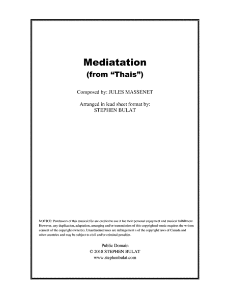 Meditation From Thais By Massenet In Original Key Of D Sheet Music