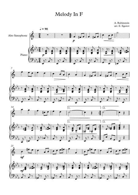 Free Sheet Music Melody In F Anton Rubinstein For Alto Saxophone Piano