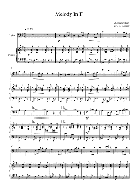 Free Sheet Music Melody In F Anton Rubinstein For Cello Piano