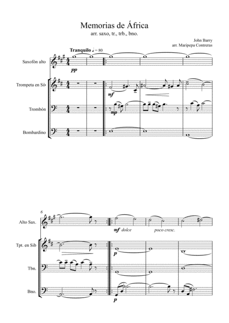 Free Sheet Music Memorias De Frica Out Of Africa Alto Saxophone Trumpet Trombone And Euphonium