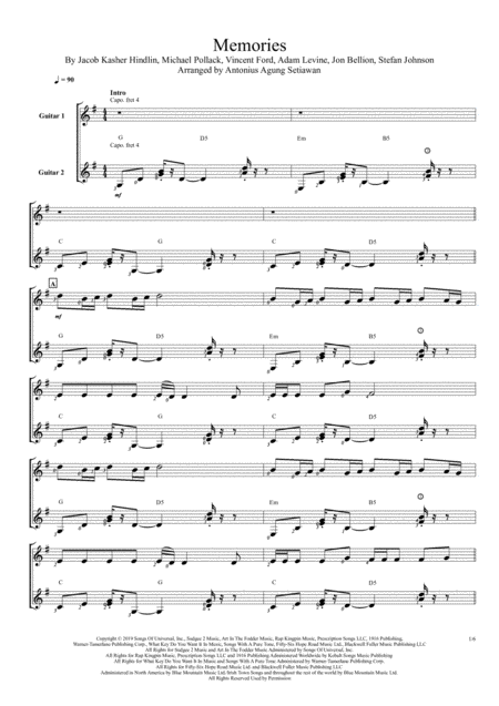 Memories Duet Guitar Score Sheet Music