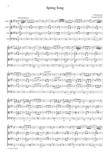 Mendelssohn Spring Song For String Quartet Cm202 Sheet Music