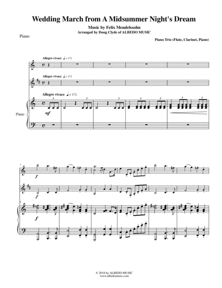 Mendelssohn Wedding March From A Midsummer Nights Dream For Flute Clarinet Piano Sheet Music