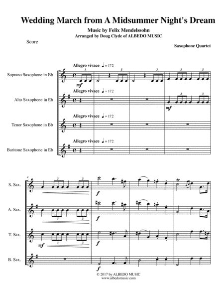 Mendelssohn Wedding March From A Midsummer Nights Dream For Saxophone Quartet Sheet Music