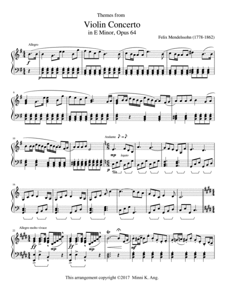 Mendelssohns 2nd Violin Concerto For Easy Piano Sheet Music