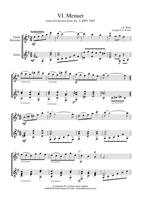 Menuet From Suite No 2 Bwv 1067 For Treble Recorder And Guitar Sheet Music