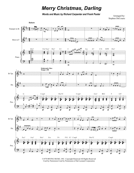Merry Christmas Darling Duet For Bb Trumpet And French Horn Sheet Music
