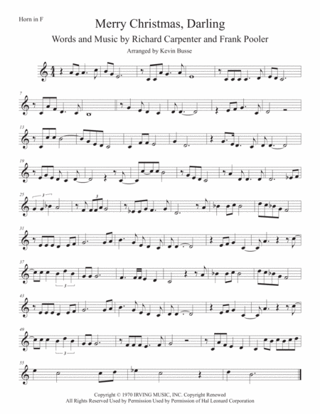Free Sheet Music Merry Christmas Darling Easy Key Of C Horn In F