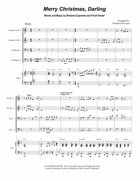 Merry Christmas Darling For Brass Quartet And Piano Alternate Version Sheet Music