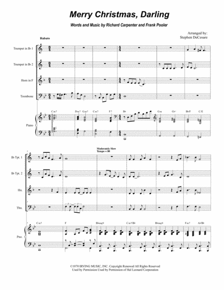 Merry Christmas Darling For Brass Quartet And Piano Sheet Music