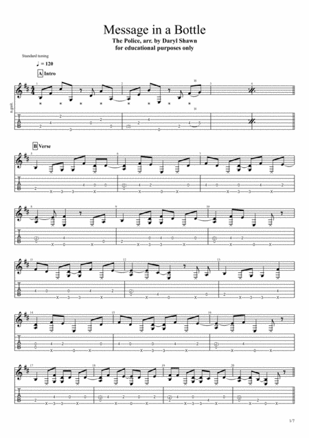 Message In A Bottle For Solo Fingerstyle Guitar Sheet Music