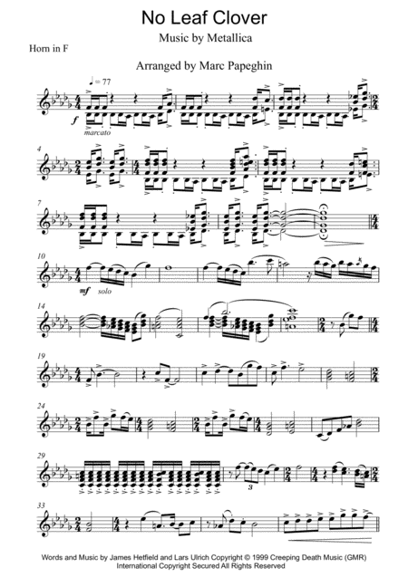 Metallica No Leaf Clover French Horn Sheet Music