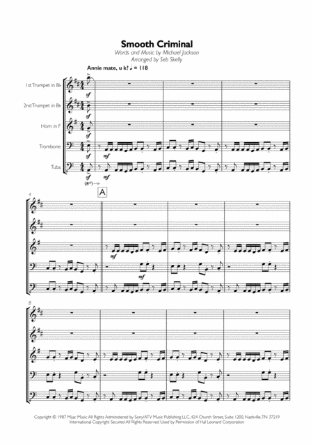 Michael Jackson Smooth Criminal For Brass Quintet Sheet Music