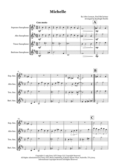 Michelle By The Beatles Saxophone Quartet Satb Sheet Music