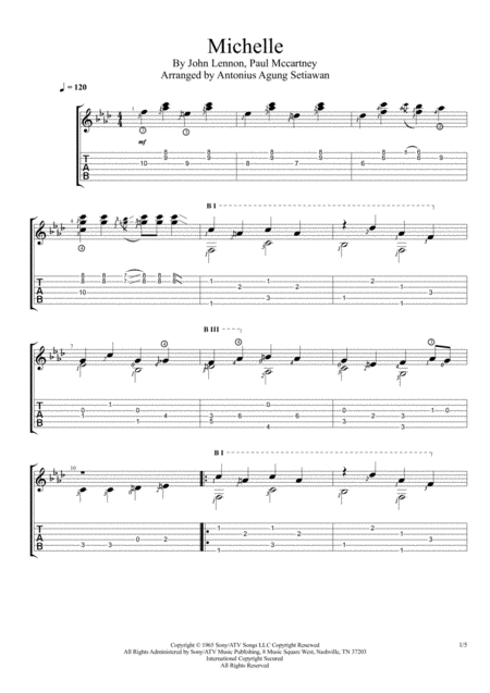 Michelle Solo Guitar Tablature Sheet Music