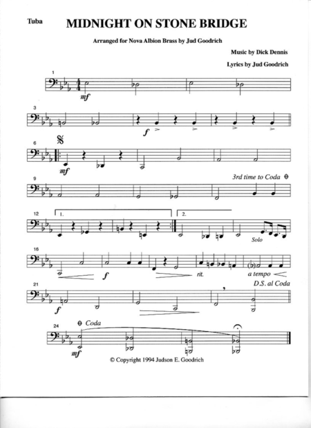 Midnight On Stone Bridge For Brass Quintet Sheet Music