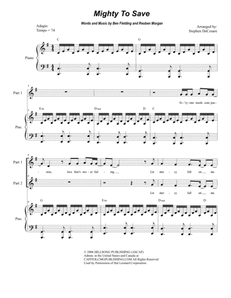 Free Sheet Music Mighty To Save For 2 Part Choir