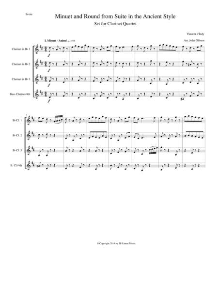 Minuet And Round From D Indy Suite In The Ancient Style Set For Clarinet Quartet Sheet Music