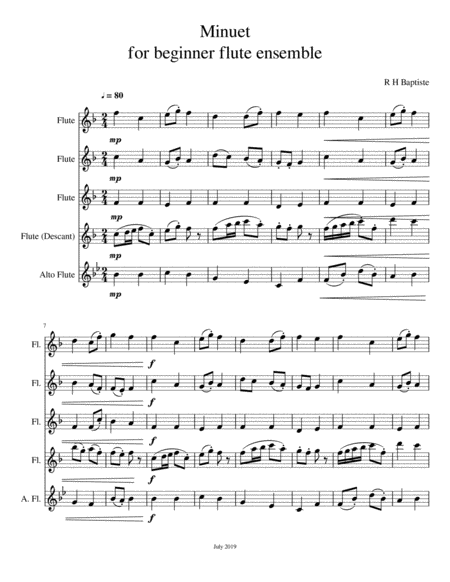 Minuet Beginner Flute Ensemble Sheet Music