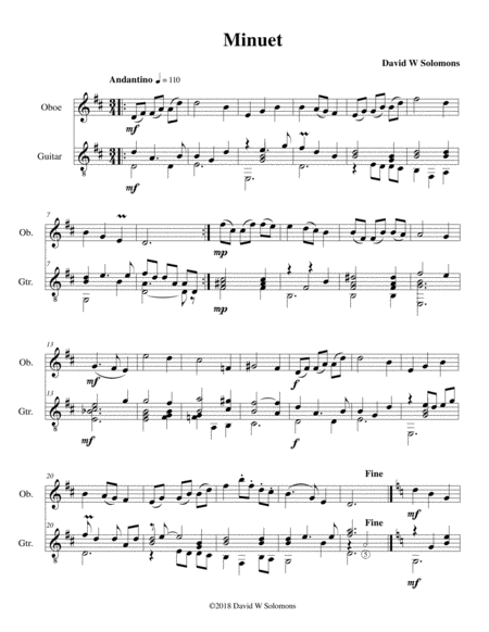 Free Sheet Music Minuet For Oboe And Guitar