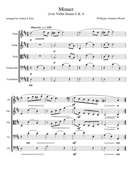 Free Sheet Music Minuet For String Ensemble Flute K 6