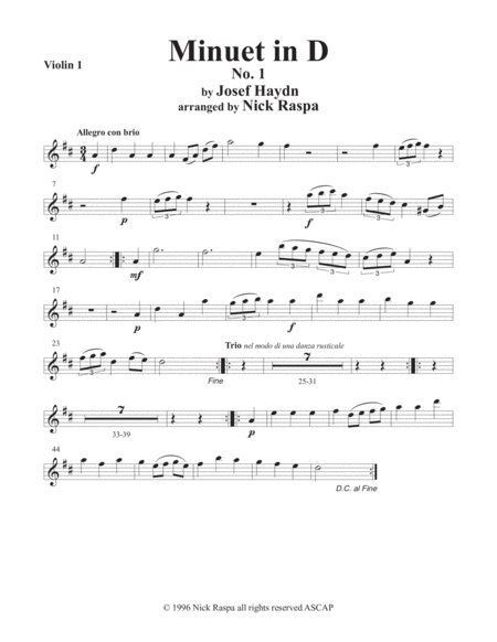 Minuet In D No 1 Violin 1 Part Sheet Music