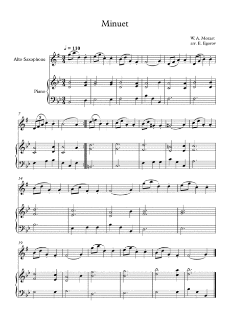 Free Sheet Music Minuet In F Major Wolfgang Amadeus Mozart For Alto Saxophone Piano