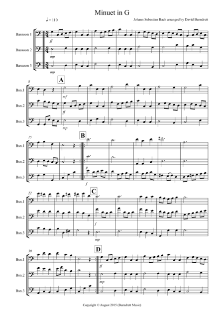 Minuet In G By Bach For Bassoon Trio Sheet Music